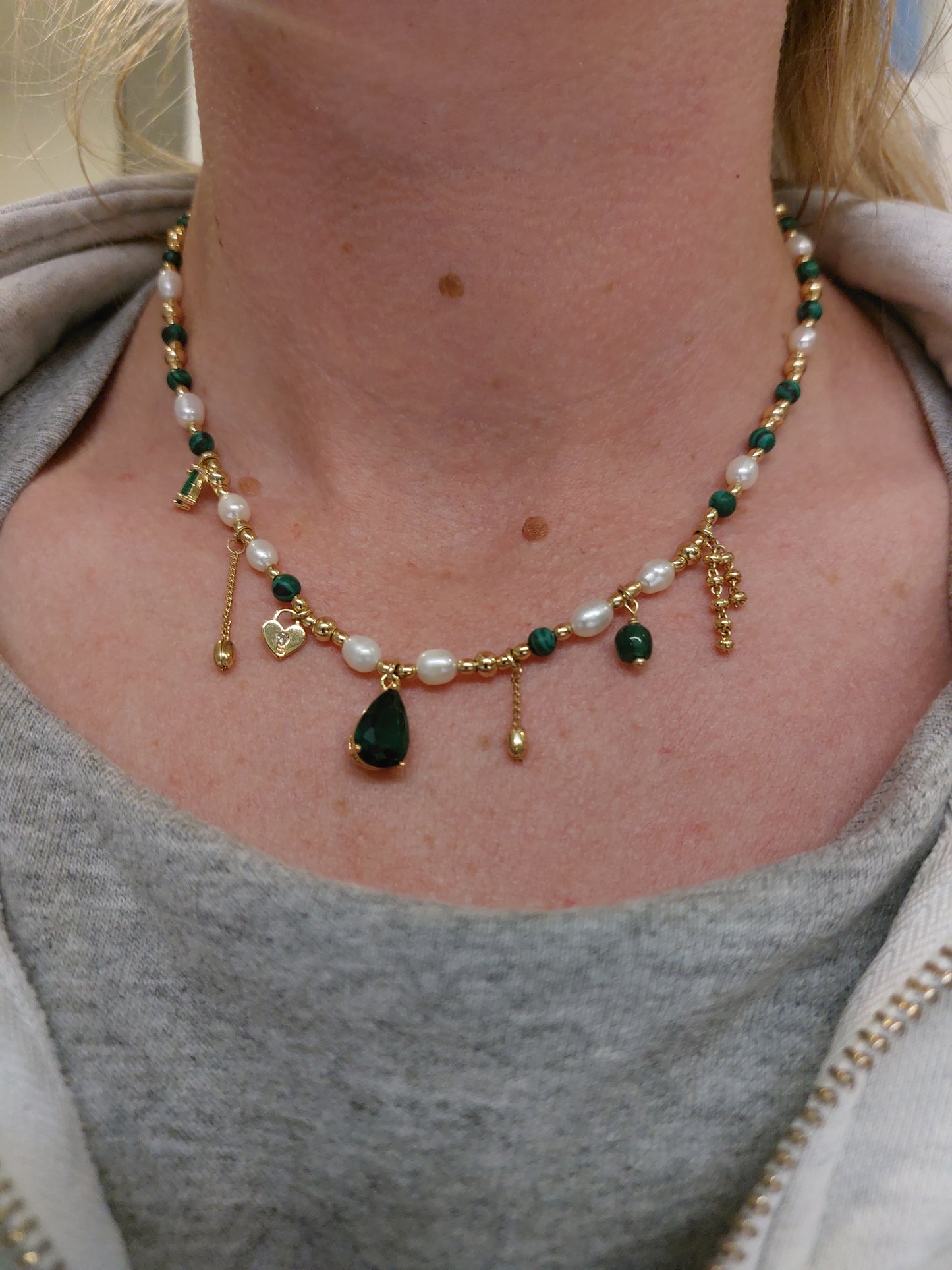 By Teno necklace pearl green gemstones hand made