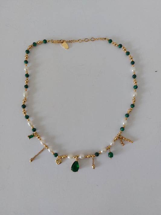 By Teno necklace pearl green gemstones hand made