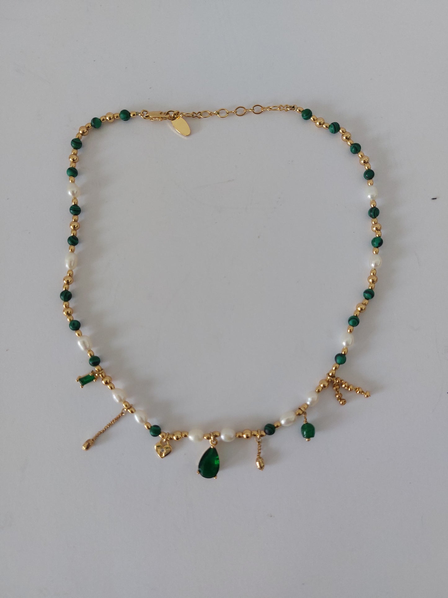 By Teno necklace pearl green gemstones hand made