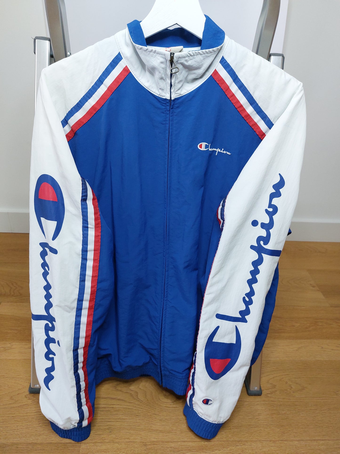 Champion Bomber Jacket – Blue with White & Red Details, Size S (36)